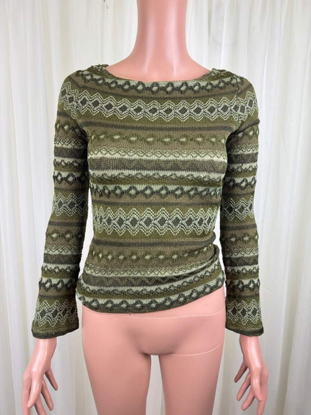 Y2K Mandee Geometric Weave Long Sleeve Top Stretch USA Boho LG Green *RUN SMALL*